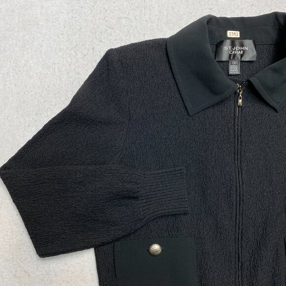 St John Jacket Womens PS Black Caviar Knit Bomber Patch Pockets Retail $890 - Picture 5 of 13